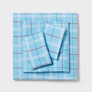 NWT Twin Christmas Cotton Sateen Sheet Set Blue Plaid - Wondershop